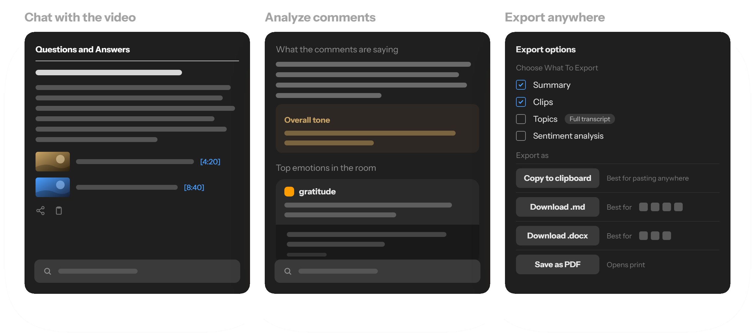 Skryve Q&A, comment analysis and export options