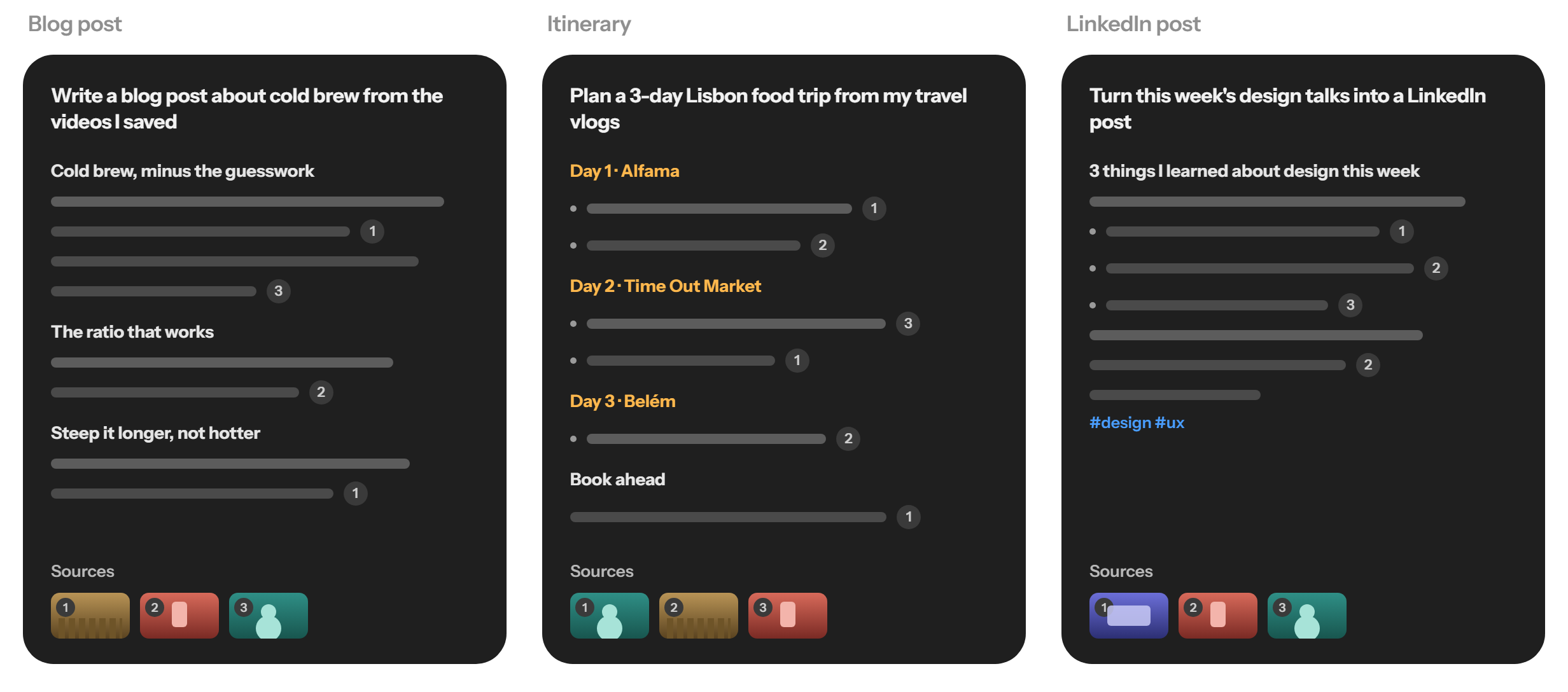 Three requests made across a Skryve library: a blog post, a trip itinerary and a LinkedIn post, each with its source videos