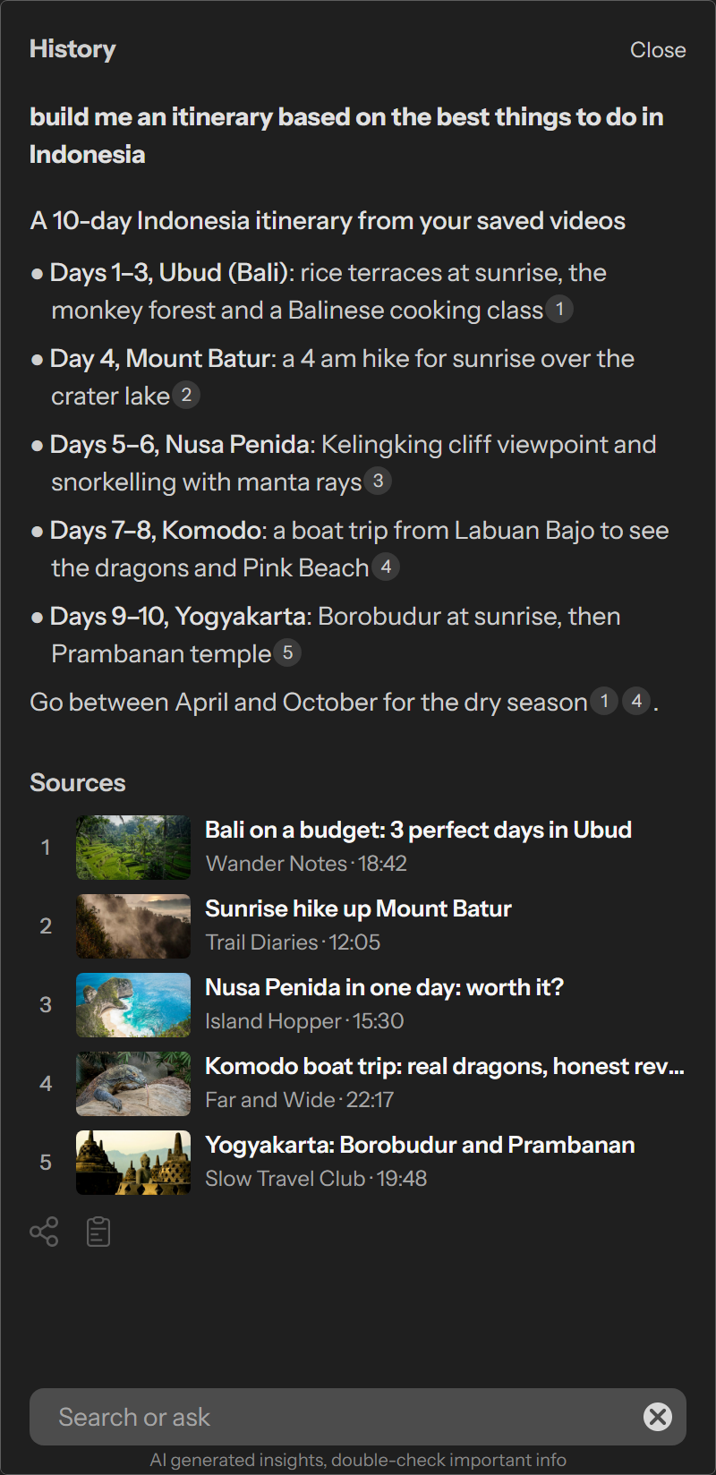Ask AI across history: an Indonesia itinerary with sources
