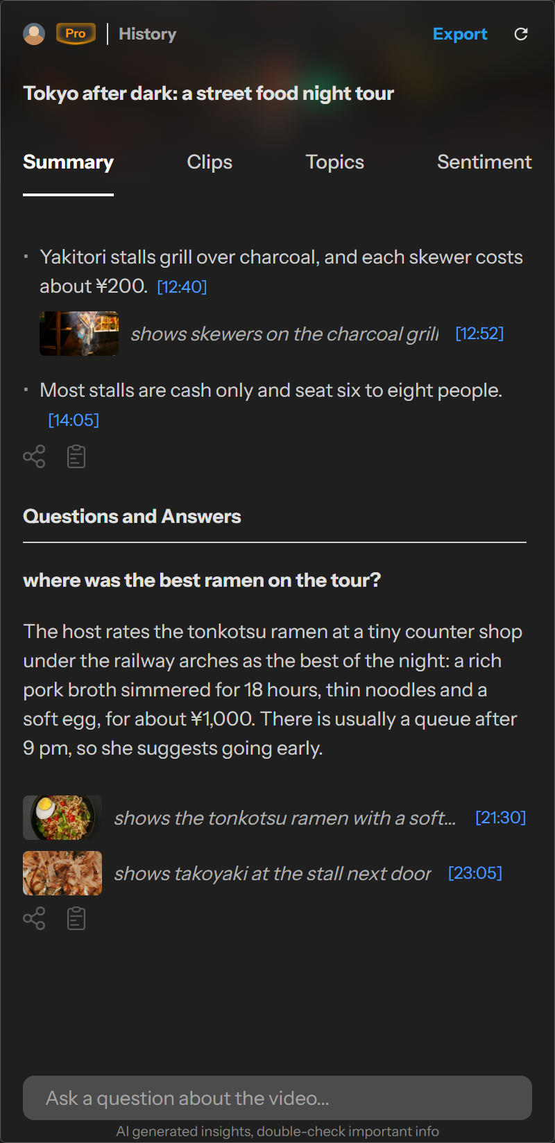 Question and answer about a Tokyo street food tour, with frames