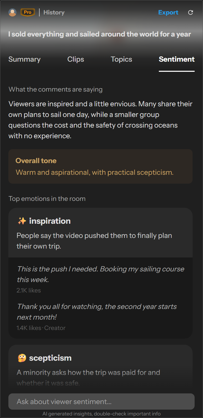 Comment sentiment for a sailing video