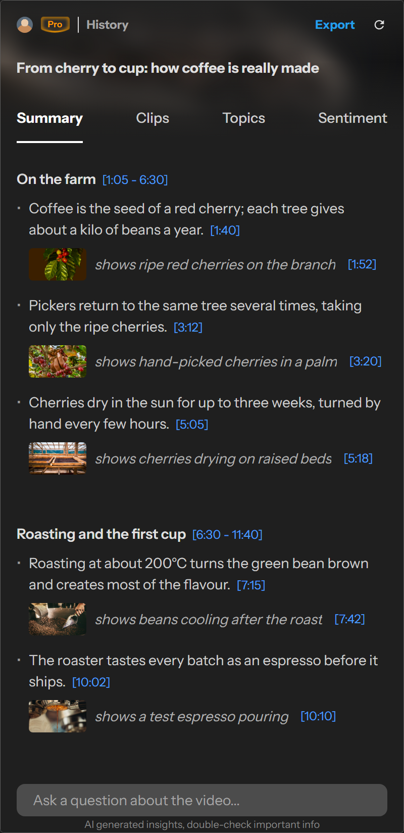 Summary of a coffee documentary with frames