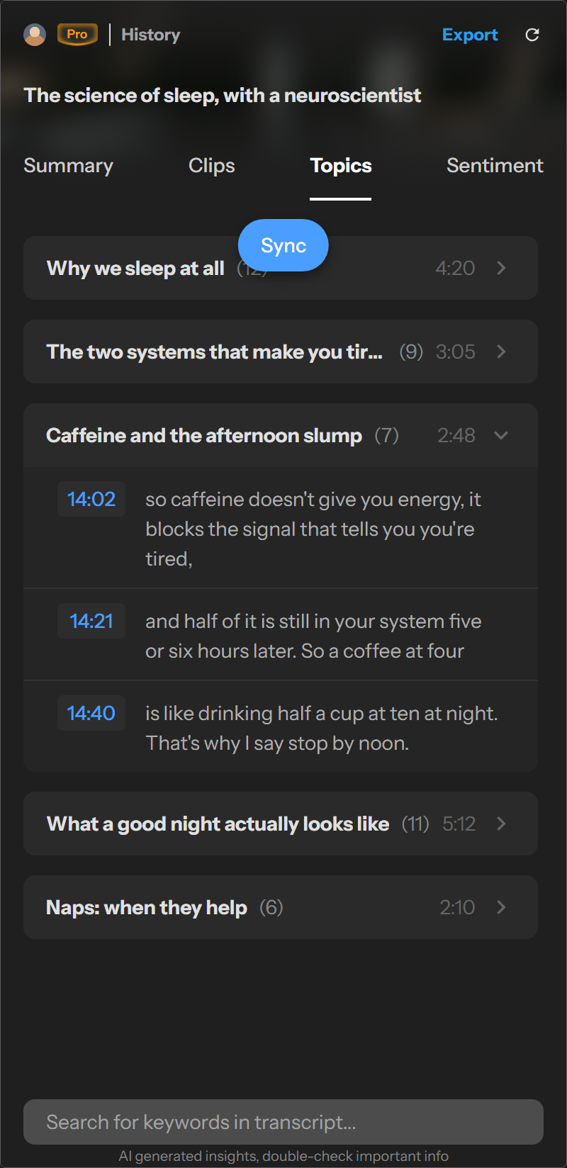 Podcast transcript grouped into topics